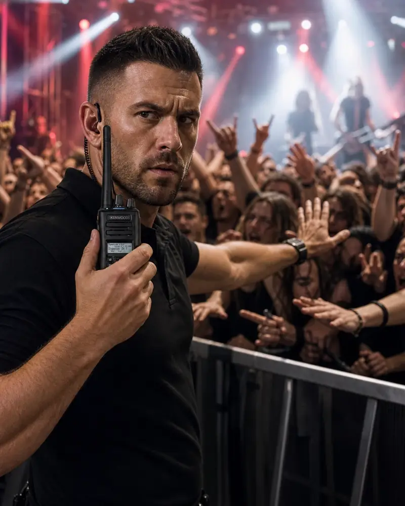 Event security staff using a two-way radio at a concert