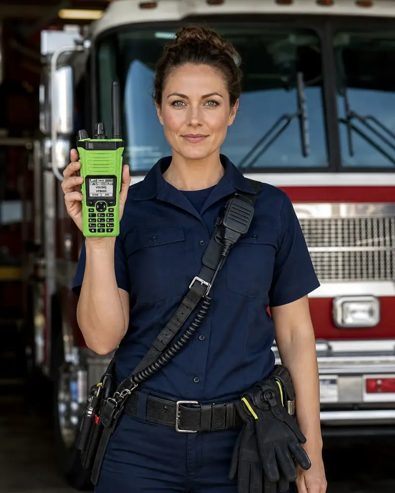 Firefighter holding a two-way radio in front of a fire engine