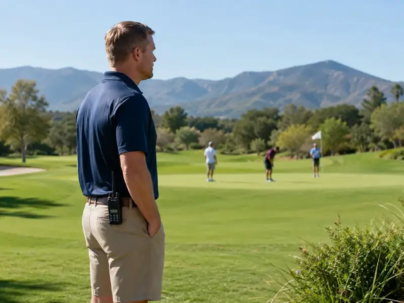 Golf course staff member wearing a two-way radio