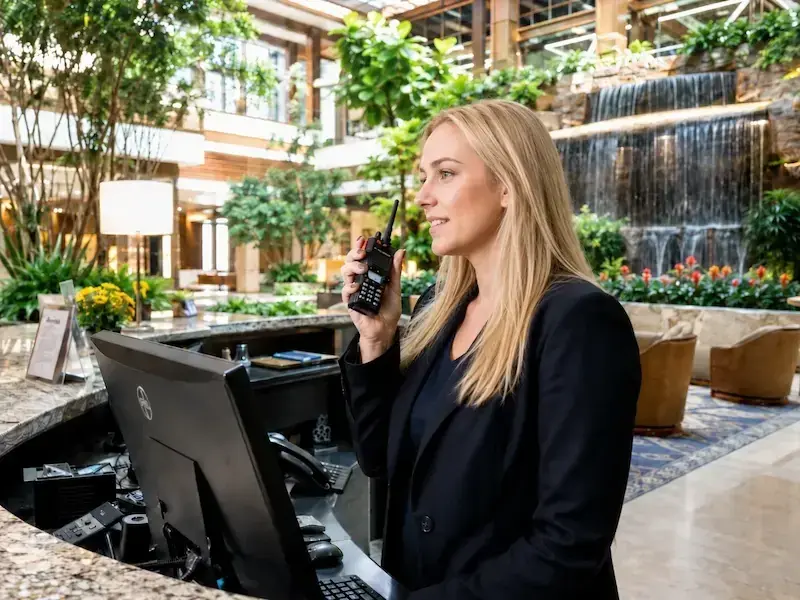 Hotel front desk staff using two-way radio for guest communications