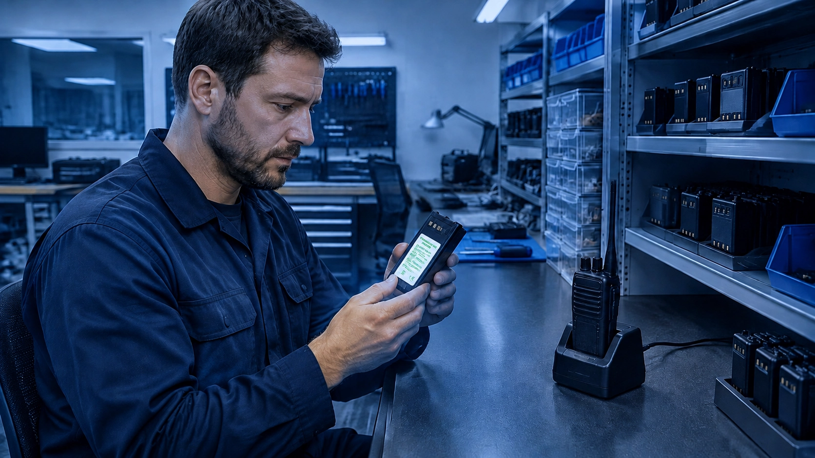 Technician inspecting an intrinsically safe radio battery with green label