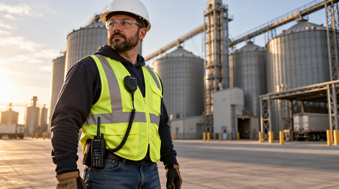 Worker wearing a Kenwood two-way radio with speaker mic at a grain storage facility