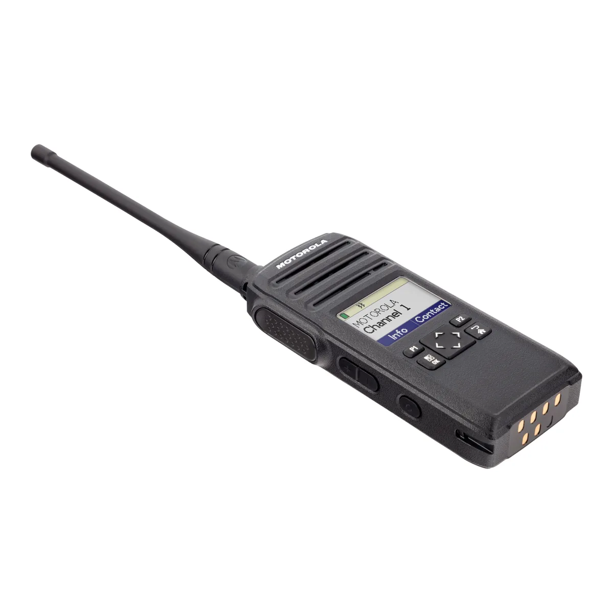 Motorola DTR700 license-free digital two-way radio, angled view showing keypad and display