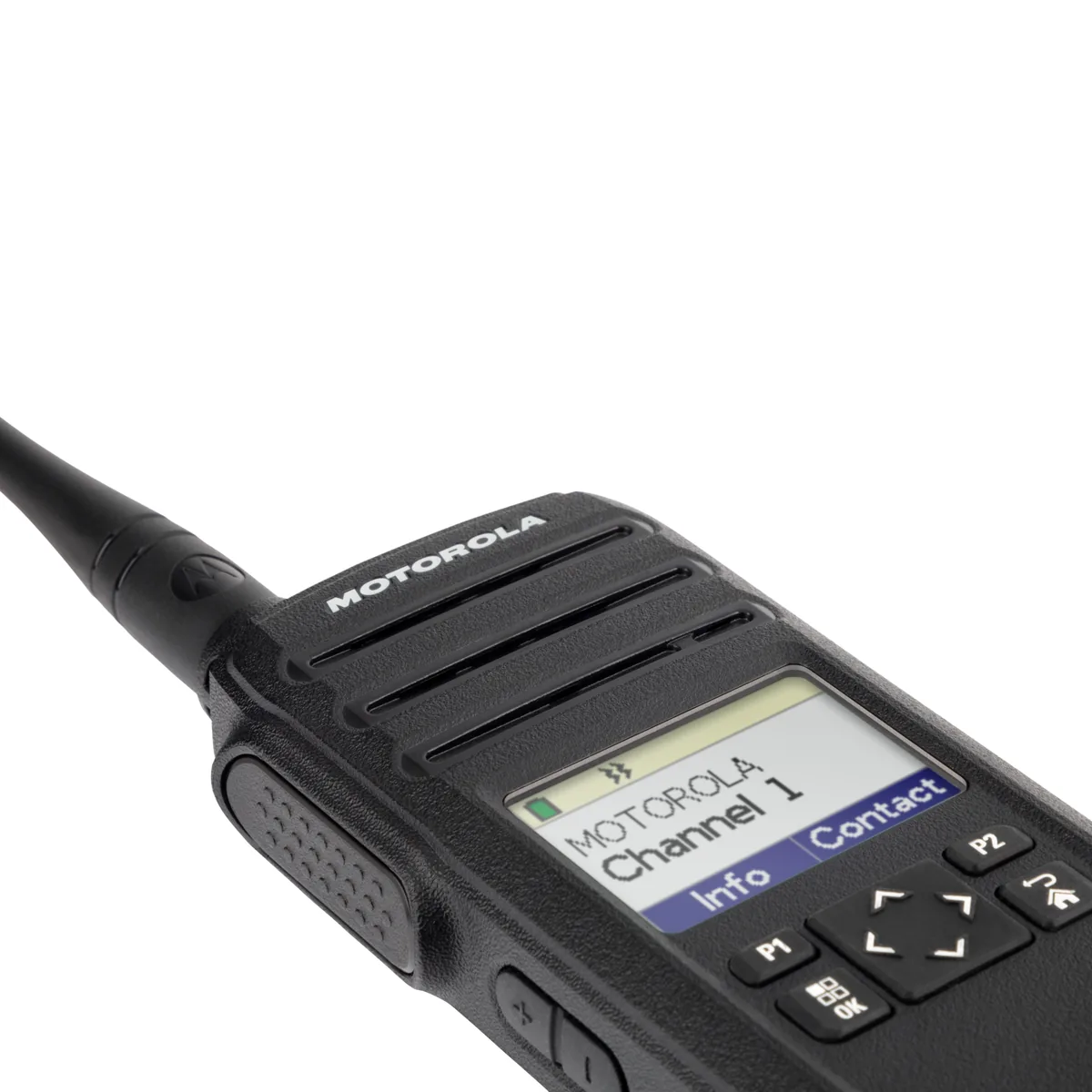 Motorola DTR700 license-free digital two-way radio, close-up of the color display and navigation keys