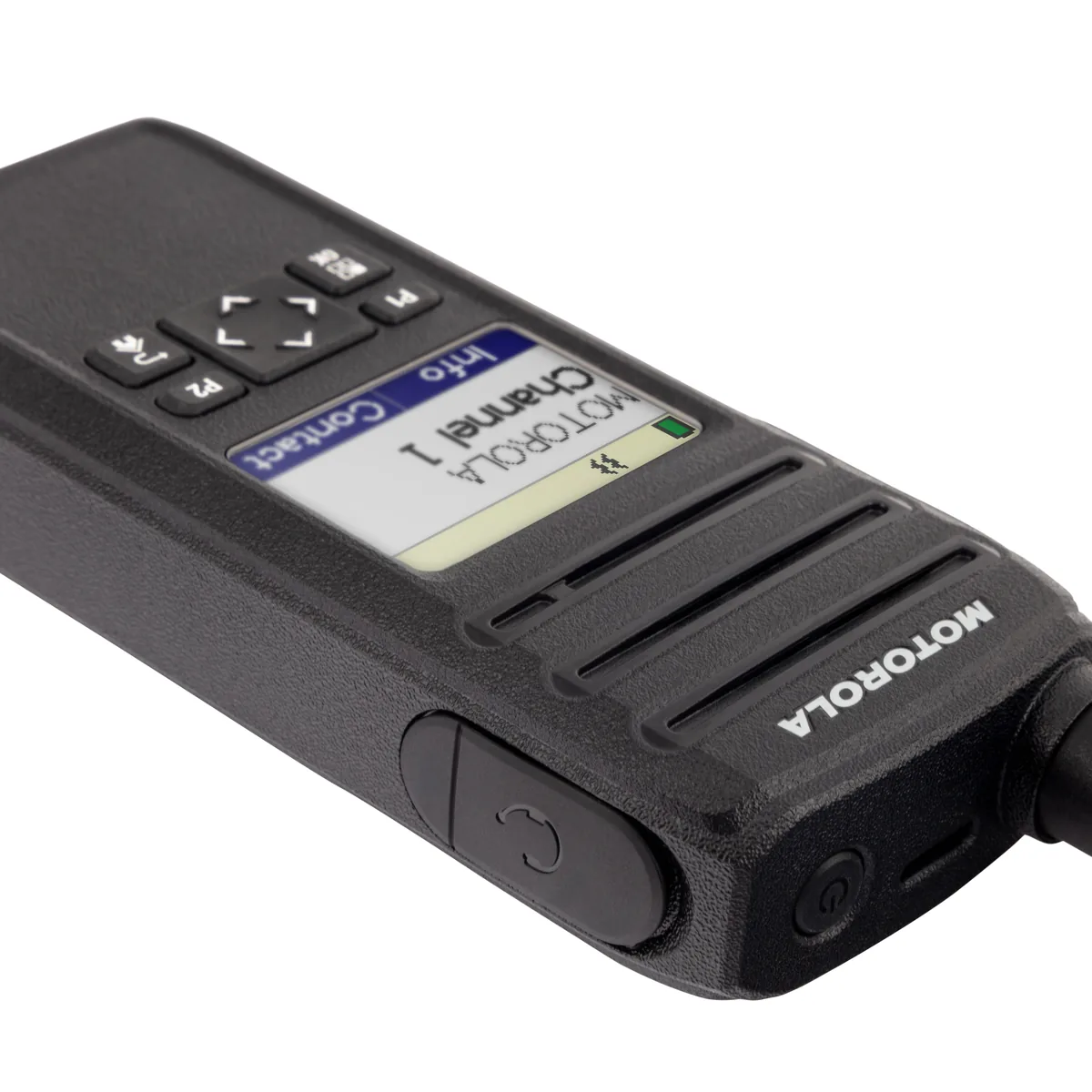 Motorola DTR700 license-free digital two-way radio, close-up of display and speaker grille