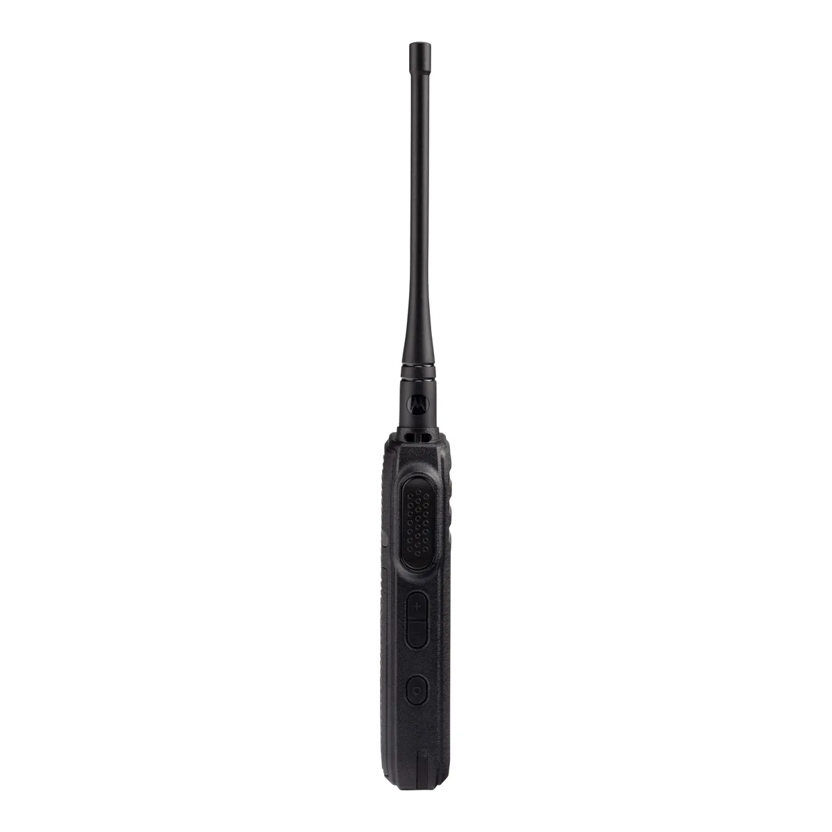 Motorola DTR700 license-free digital two-way radio, left side with push-to-talk button