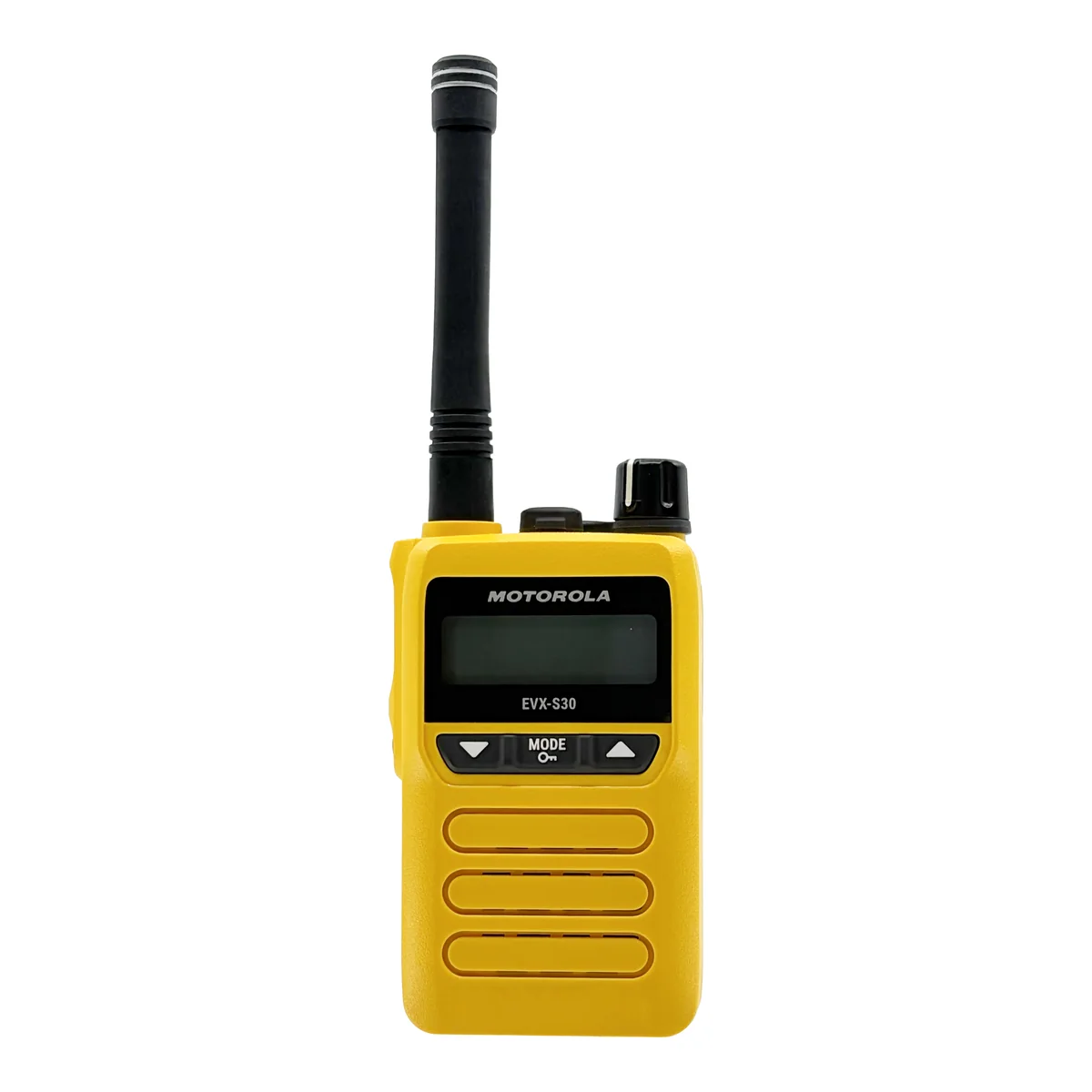 Motorola EVX-S30 compact digital two-way radio in yellow, front view with display