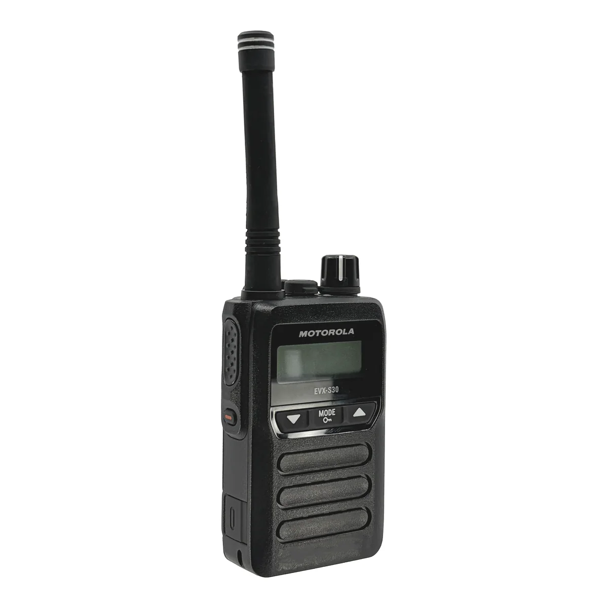 Motorola EVX-S30 compact digital two-way radio in black, angled front view
