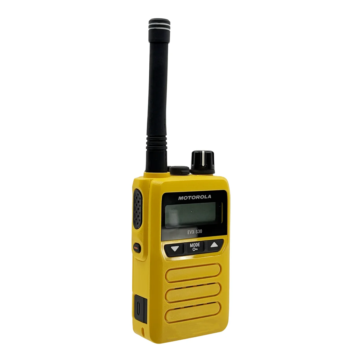 Motorola EVX-S30 compact digital two-way radio in yellow, angled front view