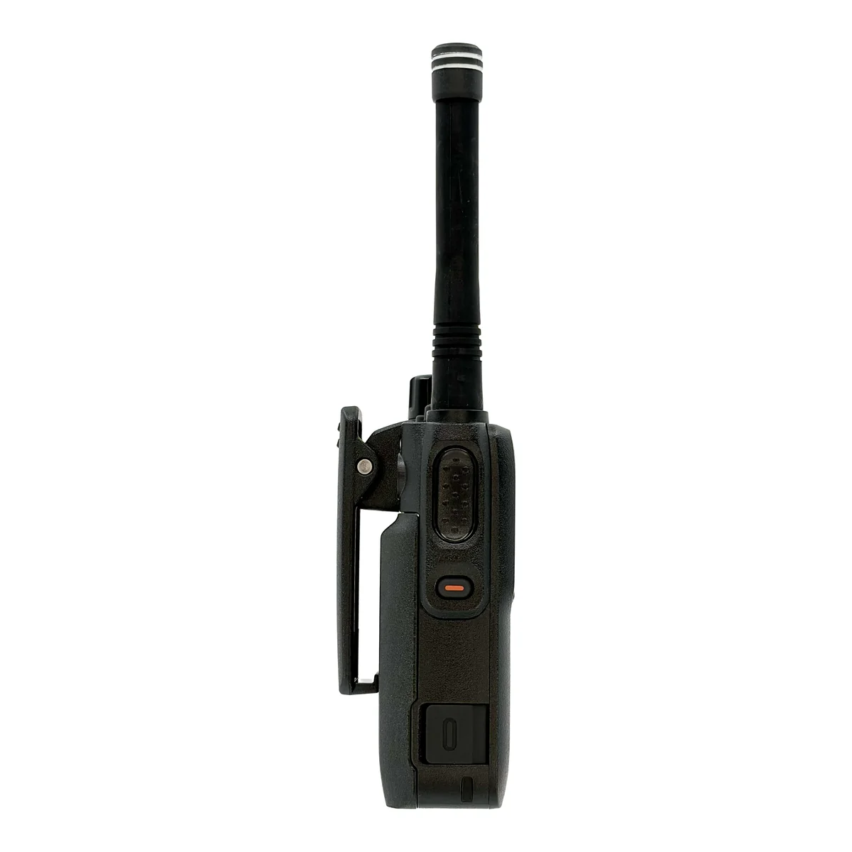 Motorola EVX-S30 compact digital two-way radio in black, side view showing push-to-talk and belt clip