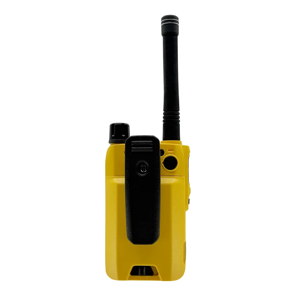 Motorola EVX-S30 compact digital two-way radio in yellow, back view with belt clip