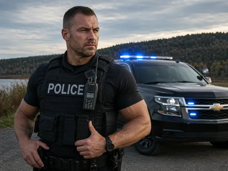 Police officer with a two-way radio beside a patrol vehicle