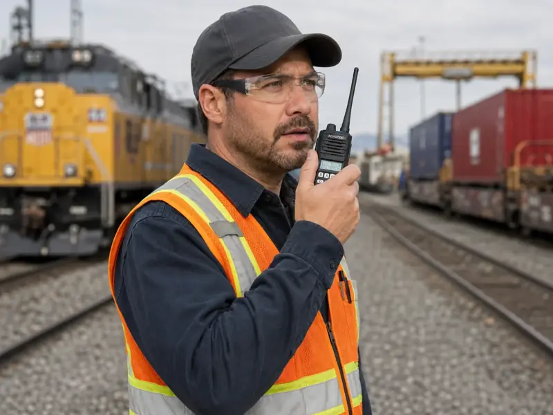 Rail yard worker in safety vest using a two-way radio