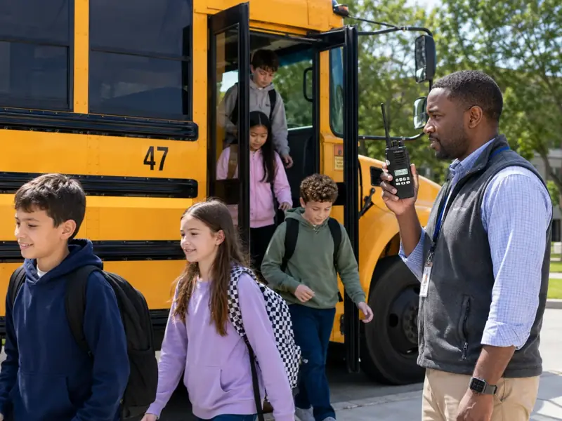 School staff member using a two-way radio during bus dismissal